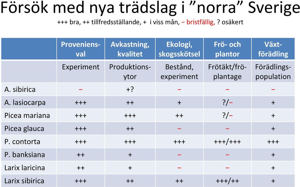 Växtförädling Produktionsytor Frötäkt/fröplantage Förädlingspopulation A. sibirica +? A. lasiocarpa +++ ++ +?