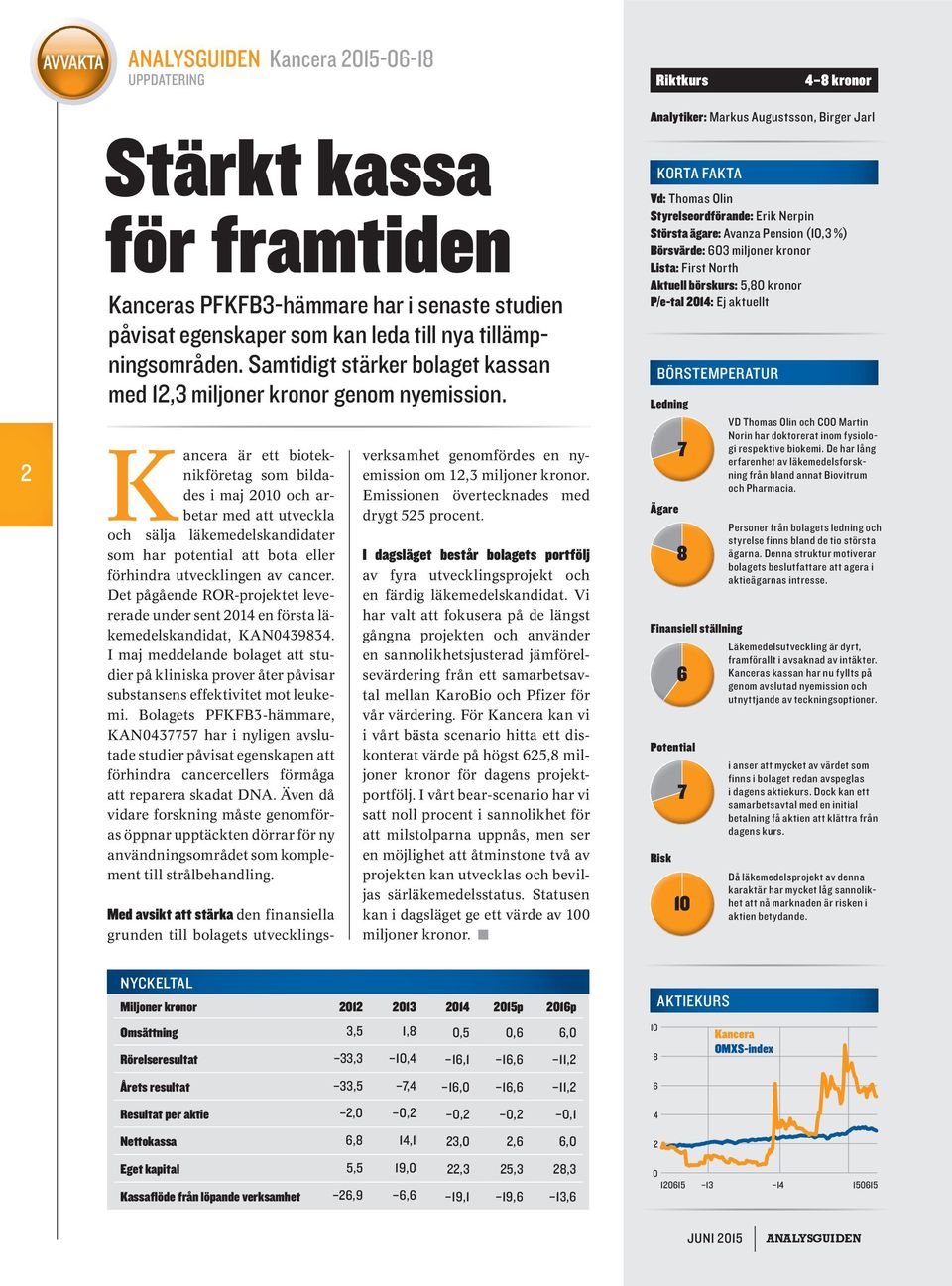 Kancera är ett bioteknikföretag som bildades i maj 2010 och arbetar med att utveckla och sälja läkemedelskandidater som har potential att bota eller förhindra utvecklingen av cancer.