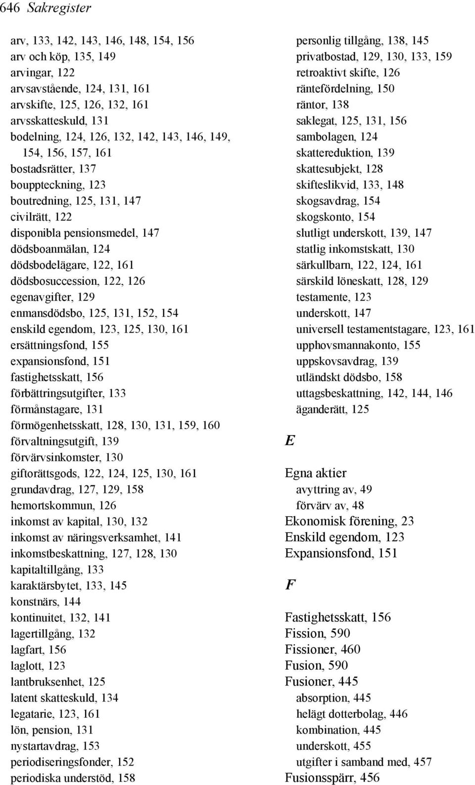 dödsbosuccession, 122, 126 egenavgifter, 129 enmansdödsbo, 125, 131, 152, 154 enskild egendom, 123, 125, 130, 161 ersättningsfond, 155 expansionsfond, 151 fastighetsskatt, 156 förbättringsutgifter,