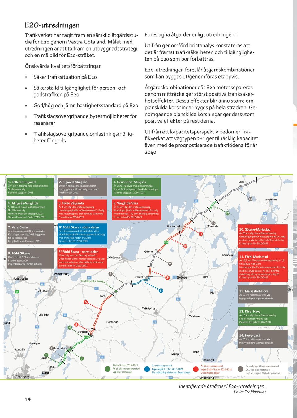 Utifrån genomförd bristanalys konstateras att det är främst trafiksäkerheten och tillgängligheten på E20 som bör förbättras.