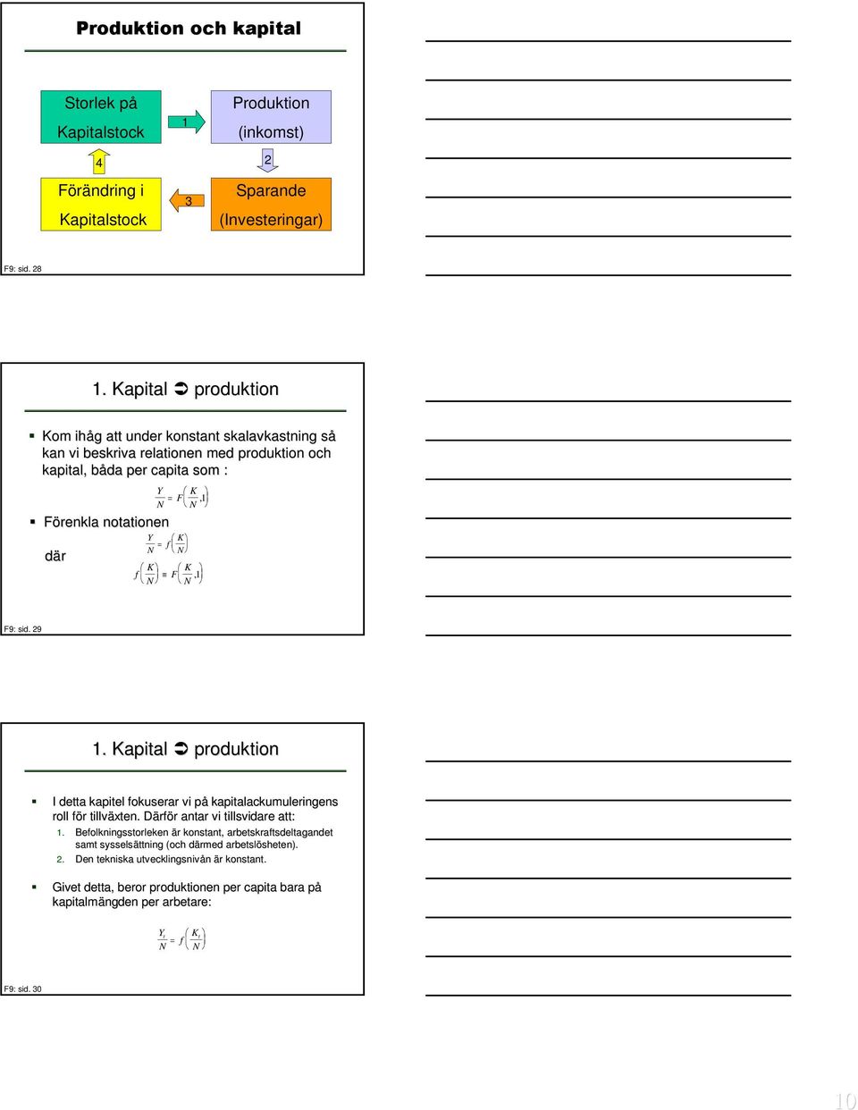 F K,1 F9: sid. 29 1. Kapital produktion I detta kapitel fokuserar vi påp kapitalackumuleringens roll för f r tillväxten. DärfD rför r antar vi tillsvidare att: 1.