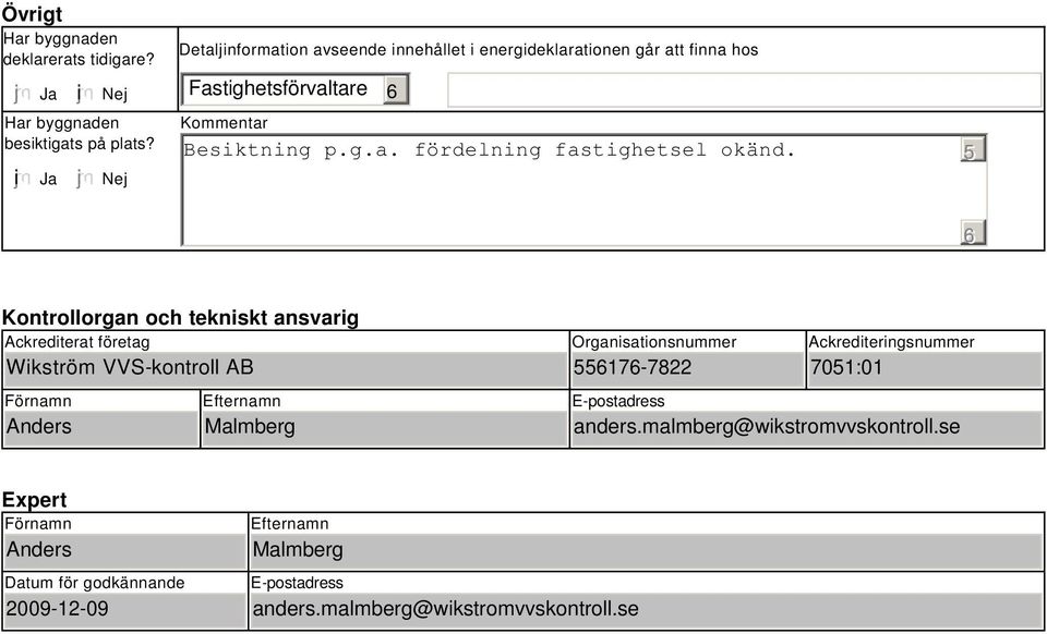 Kontrollorgan och tekniskt ansvarig Ackrediterat företag Wikström VVS-kontroll AB Förnamn Anders Efternamn Malmberg Organisationsnummer 17-7822