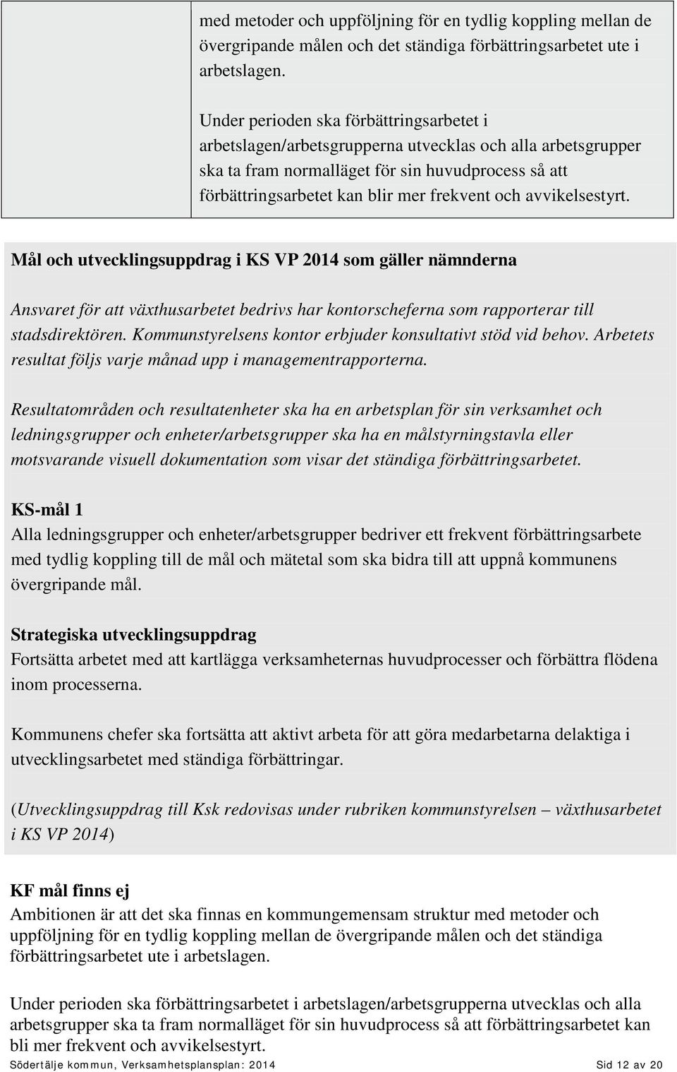 avvikelsestyrt. Mål och utvecklingsuppdrag i KS VP 2014 som gäller nämnderna Ansvaret för att växthusarbetet bedrivs har kontorscheferna som rapporterar till stadsdirektören.