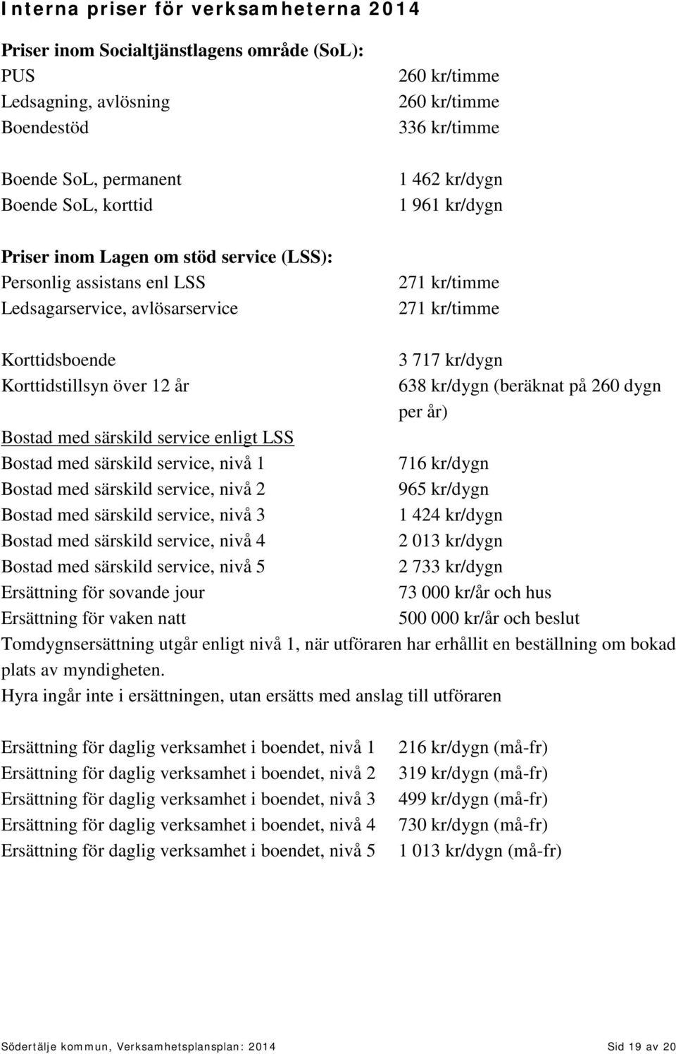 Korttidstillsyn över 12 år 638 kr/dygn (beräknat på 260 dygn per år) Bostad med särskild service enligt LSS Bostad med särskild service, nivå 1 716 kr/dygn Bostad med särskild service, nivå 2 965