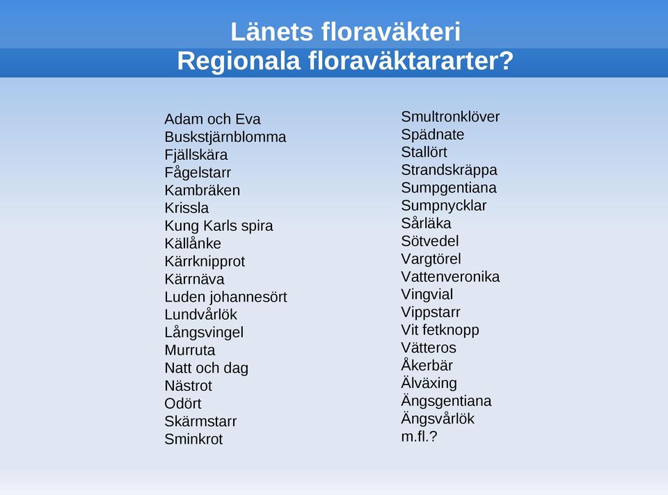 Kärrnäva Luden johannesört Lundvårlök Långsvingel Murruta Natt och dag Nästrot Odört Skärmstarr Sminkrot