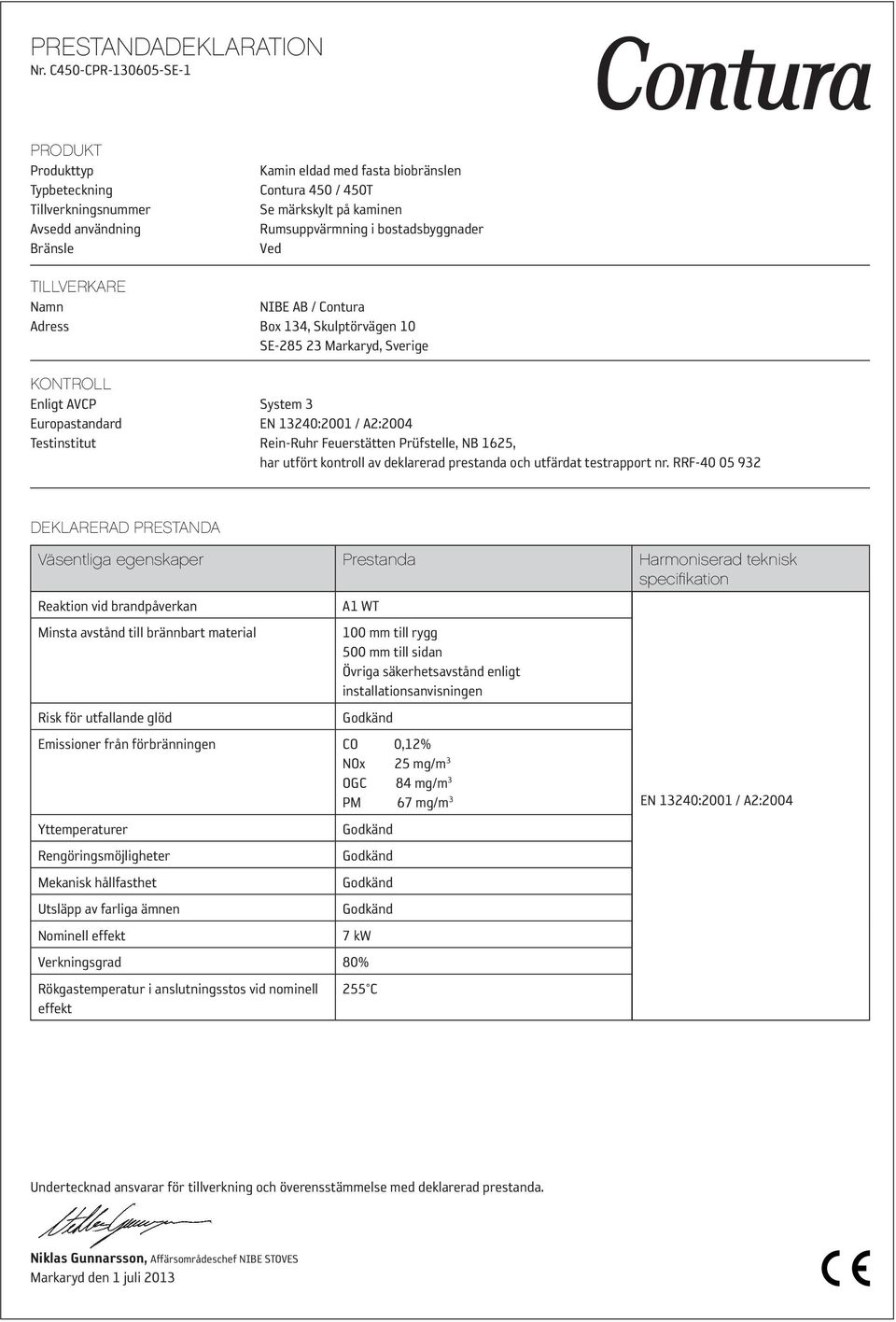 bostadsbyggnader Ved TILLVERKARE Namn NIBE AB / Contura Adress Box 134, Skulptörvägen 10 SE-285 23 Markaryd, Sverige KONTROLL Enligt AVCP System 3 Europastandard EN 13240:2001 / A2:2004 Testinstitut