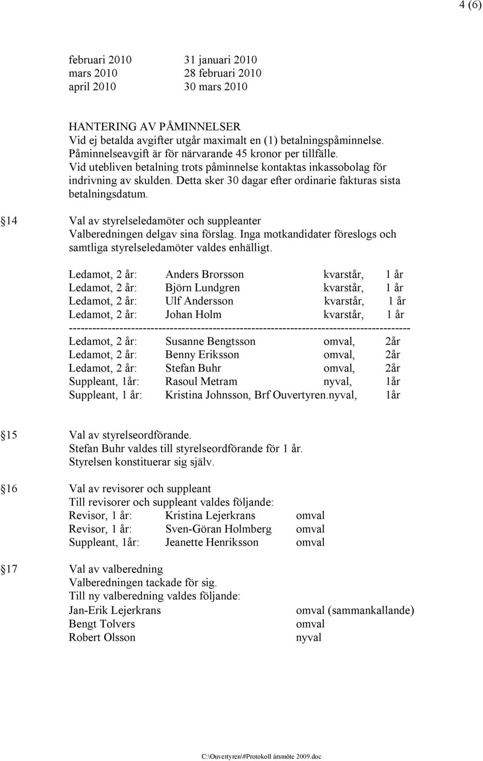 Detta sker 30 dagar efter ordinarie fakturas sista betalningsdatum. 14 Val av styrelseledamöter och suppleanter Valberedningen delgav sina förslag.