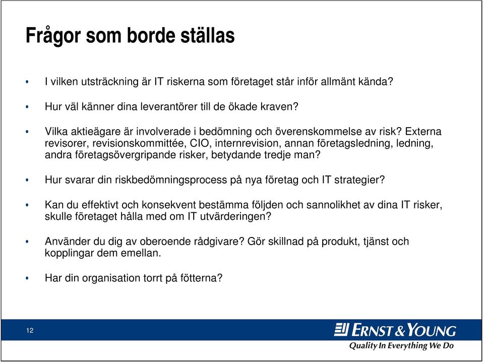 Externa revisorer, revisionskommittée, CIO, internrevision, annan företagsledning, ledning, andra företagsövergripande risker, betydande tredje man?