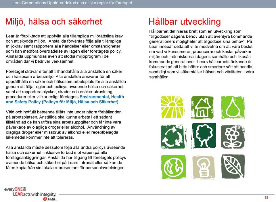 Anställda uppmuntras även att stödja miljöprogram i de områden där vi bedriver verksamhet. Företaget strävar efter att tillhandahålla alla anställda en säker och hälsosam arbetsmiljö.