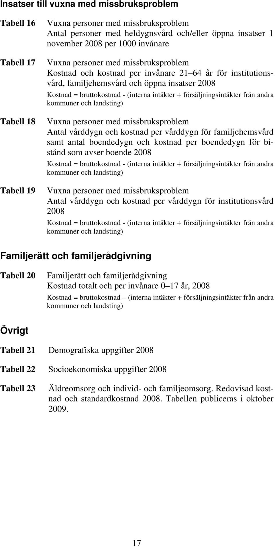 försäljningsintäkter från andra kommuner och landsting) Vuxna personer med missbruksproblem Antal vårddygn och kostnad per vårddygn för familjehemsvård samt antal boendedygn och kostnad per