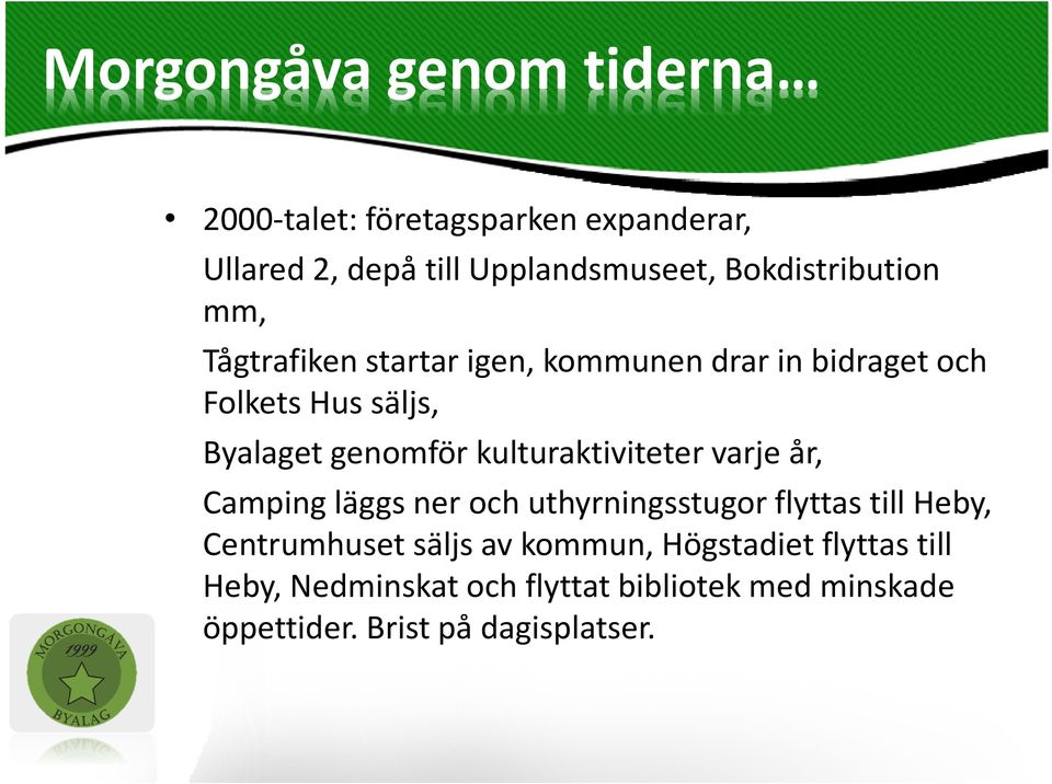 genomför kulturaktiviteter varje år, Camping läggs ner och uthyrningsstugor flyttas till Heby, Centrumhuset