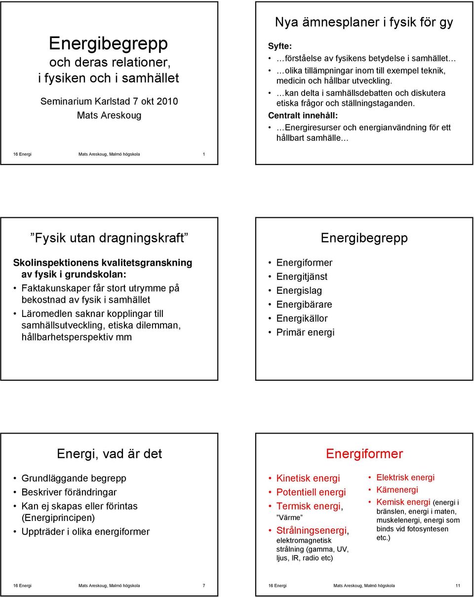 Centralt innehåll: Energiresurser och energianvändning för ett hållbart samhälle 16 Energi Mats Areskoug, Malmö högskola 1 Fysik utan dragningskraft Skolinspektionens kvalitetsgranskning av fysik i