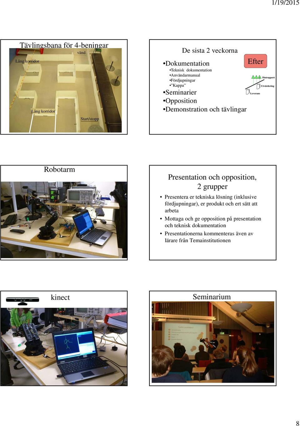 . s Slutrapport Leverans Robotarm Presentation och opposition, 2 grupper Presentera er tekniska lösning (inklusive fördjupningar), er