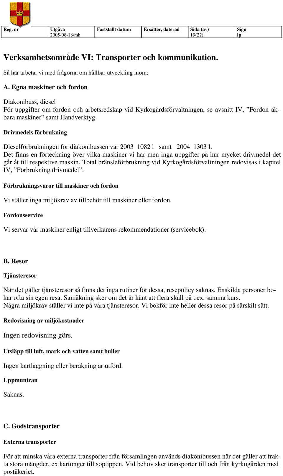 Drivmedels förbrukning Dieselförbrukningen för diakonibussen var 2003 1082 l samt 2004 1303 l.