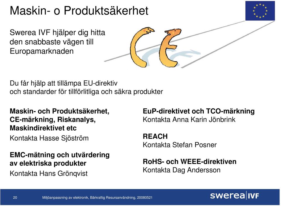 Maskindirektivet etc Kontakta Hasse Sjöström EMC-mätning och utvärdering av elektriska produkter Kontakta Hans Grönqvist