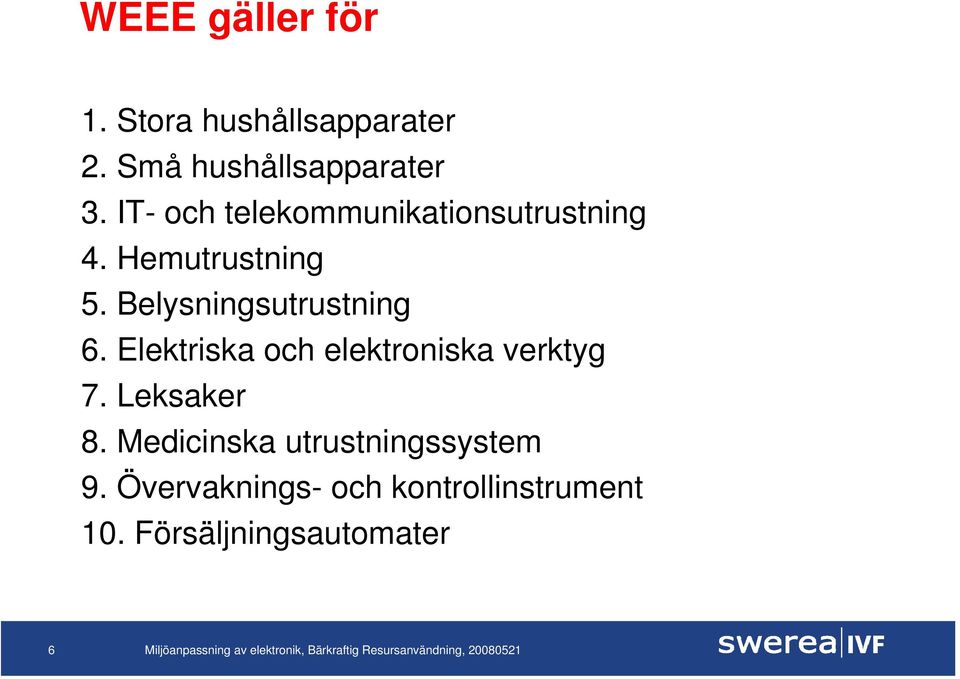 Belysningsutrustning 6. Elektriska och elektroniska verktyg 7. Leksaker 8.