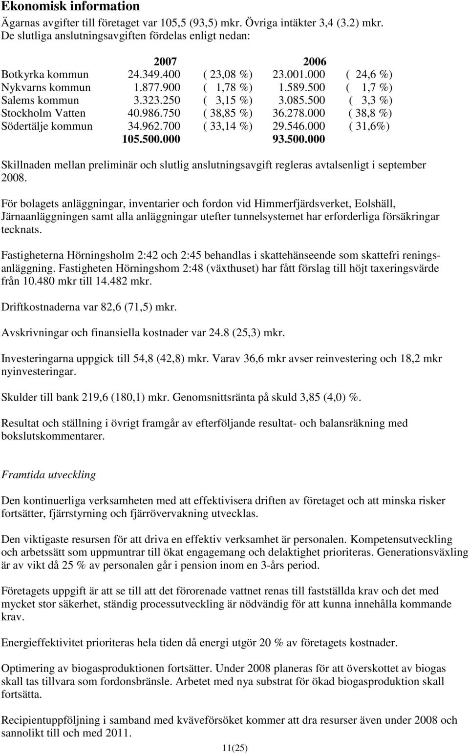 000 ( 38,8 %) Södertälje kommun 34.962.700 ( 33,14 %) 29.546.000 ( 31,6%) 105.500.000 93.500.000 Skillnaden mellan preliminär och slutlig anslutningsavgift regleras avtalsenligt i september 2008.