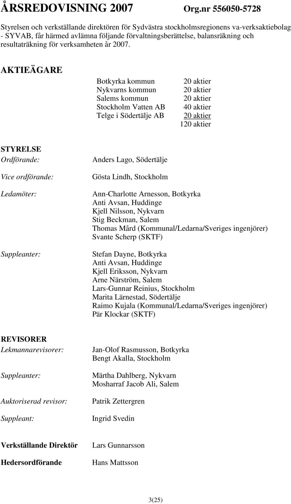 resultaträkning för verksamheten år 2007.