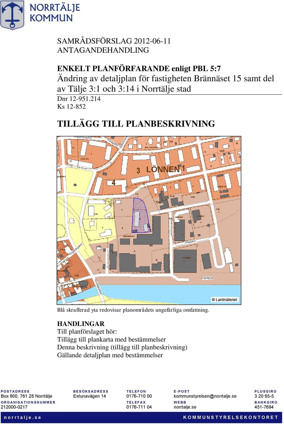 HANDLINGAR Till planförslaget hör: Tillägg till plankarta med bestämmelser Denna beskrivning (tillägg till planbeskrivning) Gällande detaljplan med bestämmelser P O S T A D R E S S B E S Ö K S A D R