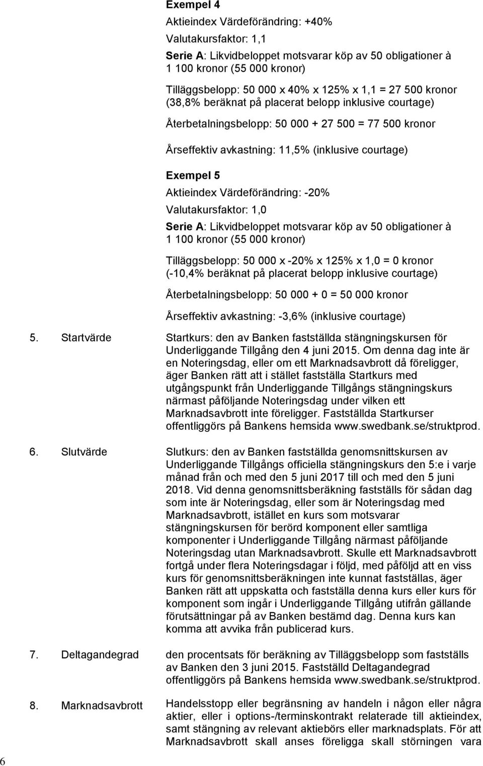 Värdeförändring: -20% Valutakursfaktor: 1,0 Serie A: Likvidbeloppet motsvarar köp av 50 obligationer à 1 100 kronor (55 000 kronor) Tilläggsbelopp: 50 000 x -20% x 125% x 1,0 = 0 kronor (-10,4%