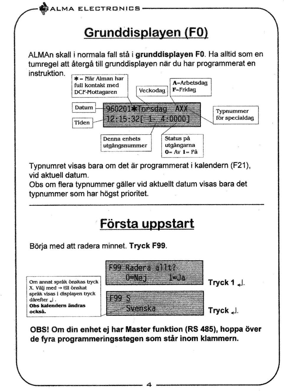 00 ] Denna enhets utgångsnummer atus på utgångarna 0- Av 1 På Typnumret visas bara om det är programmerat i kalendern (F21), vid aktuell datum.