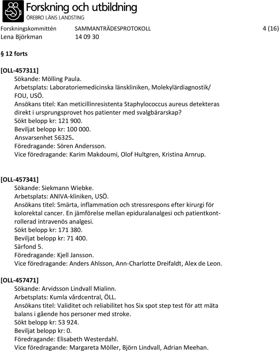 Ansvarsenhet 56325. Föredragande: Sören Andersson. Vice föredragande: Karim Makdoumi, Olof Hultgren, Kristina Arnrup. [OLL-457341] Sökande: Siekmann Wiebke. Arbetsplats: ANIVA-kliniken, USÖ.