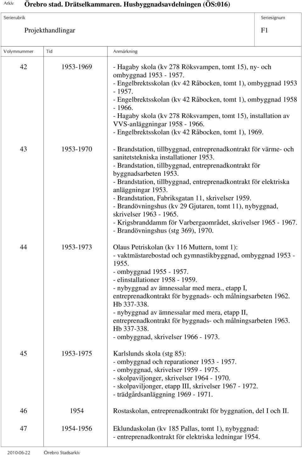 - Engelbrektsskolan (kv 42 Råbocken, tomt 1), 1969. 43 1953-1970 - Brandstation, tillbyggnad, entreprenadkontrakt för värme- och sanitetstekniska installationer 1953.