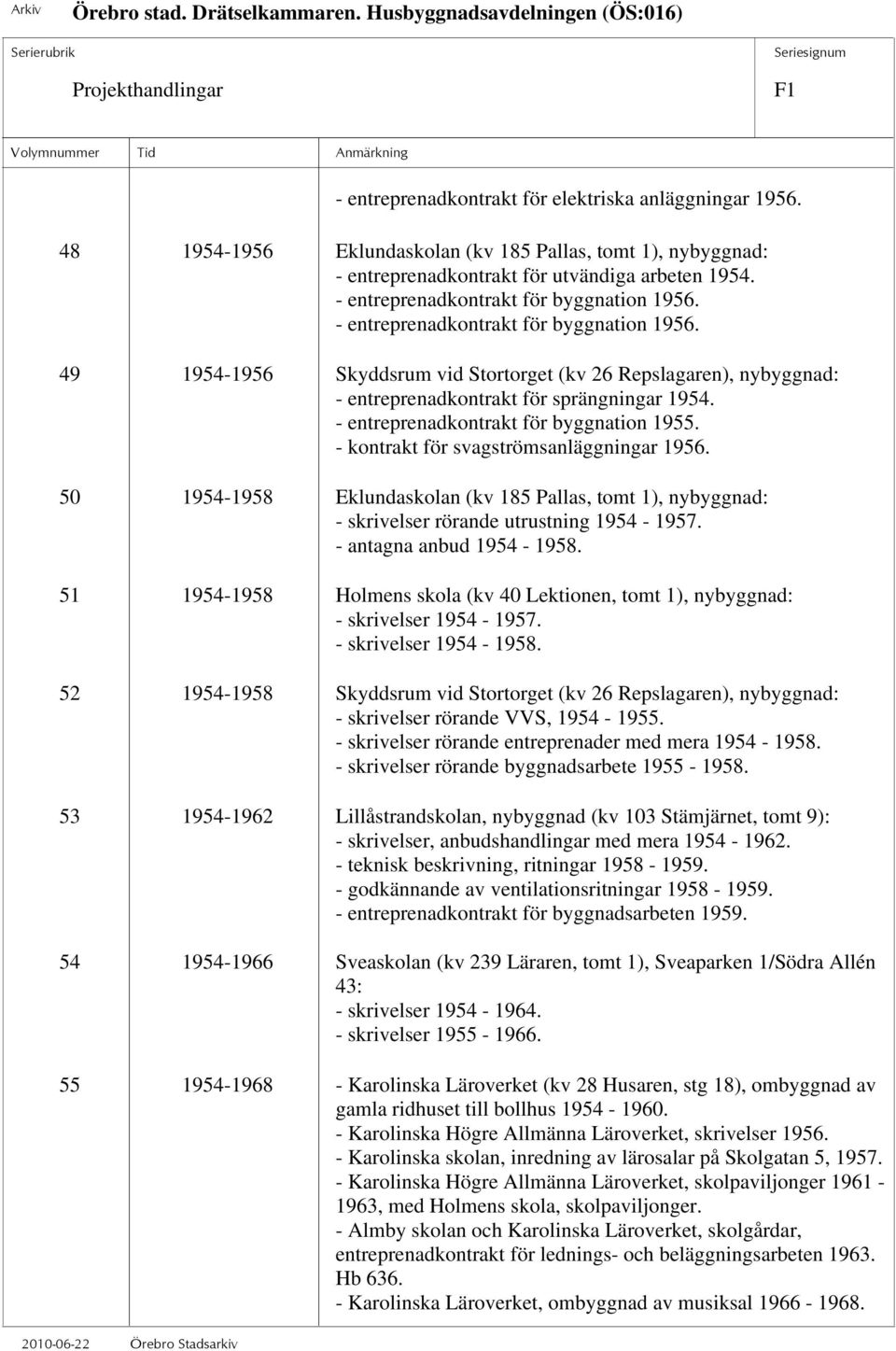 - entreprenadkontrakt för byggnation 1955. - kontrakt för svagströmsanläggningar 1956. 50 1954-1958 Eklundaskolan (kv 185 Pallas, tomt 1), nybyggnad: - skrivelser rörande utrustning 1954-1957.