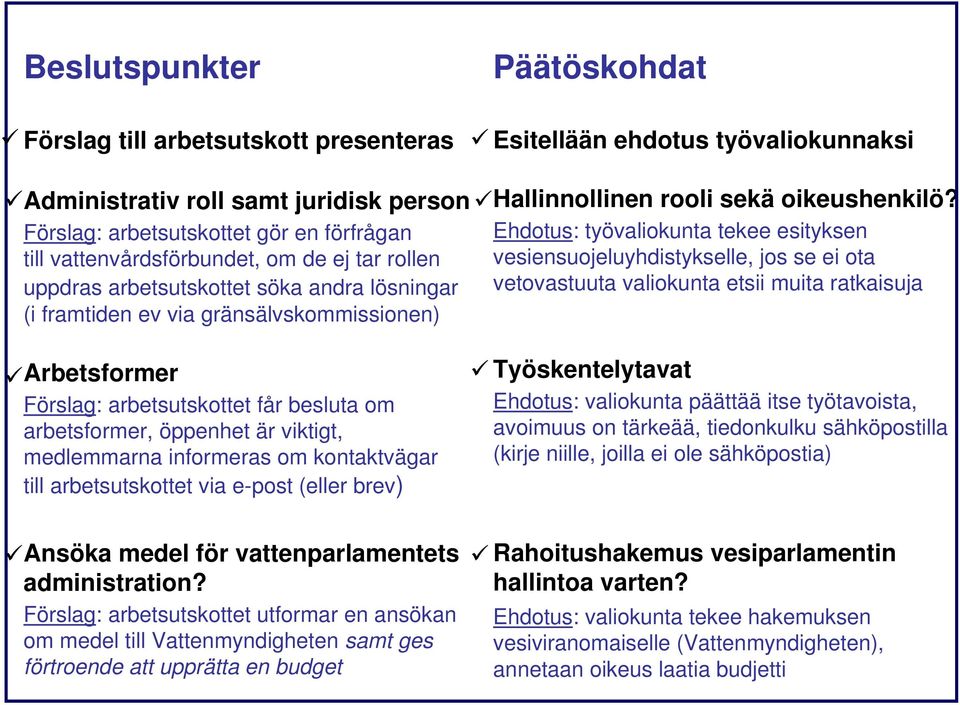 andra lösningar vetovastuuta valiokunta etsii muita ratkaisuja (i framtiden ev via gränsälvskommissionen) Arbetsformer Förslag: arbetsutskottet får besluta om arbetsformer, öppenhet är viktigt,