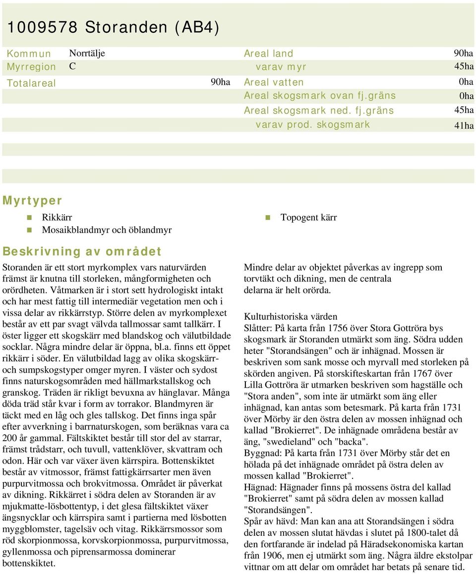 mångformigheten och orördheten. Våtmarken är i stort sett hydrologiskt intakt och har mest fattig till intermediär vegetation men och i vissa delar av rikkärrstyp.