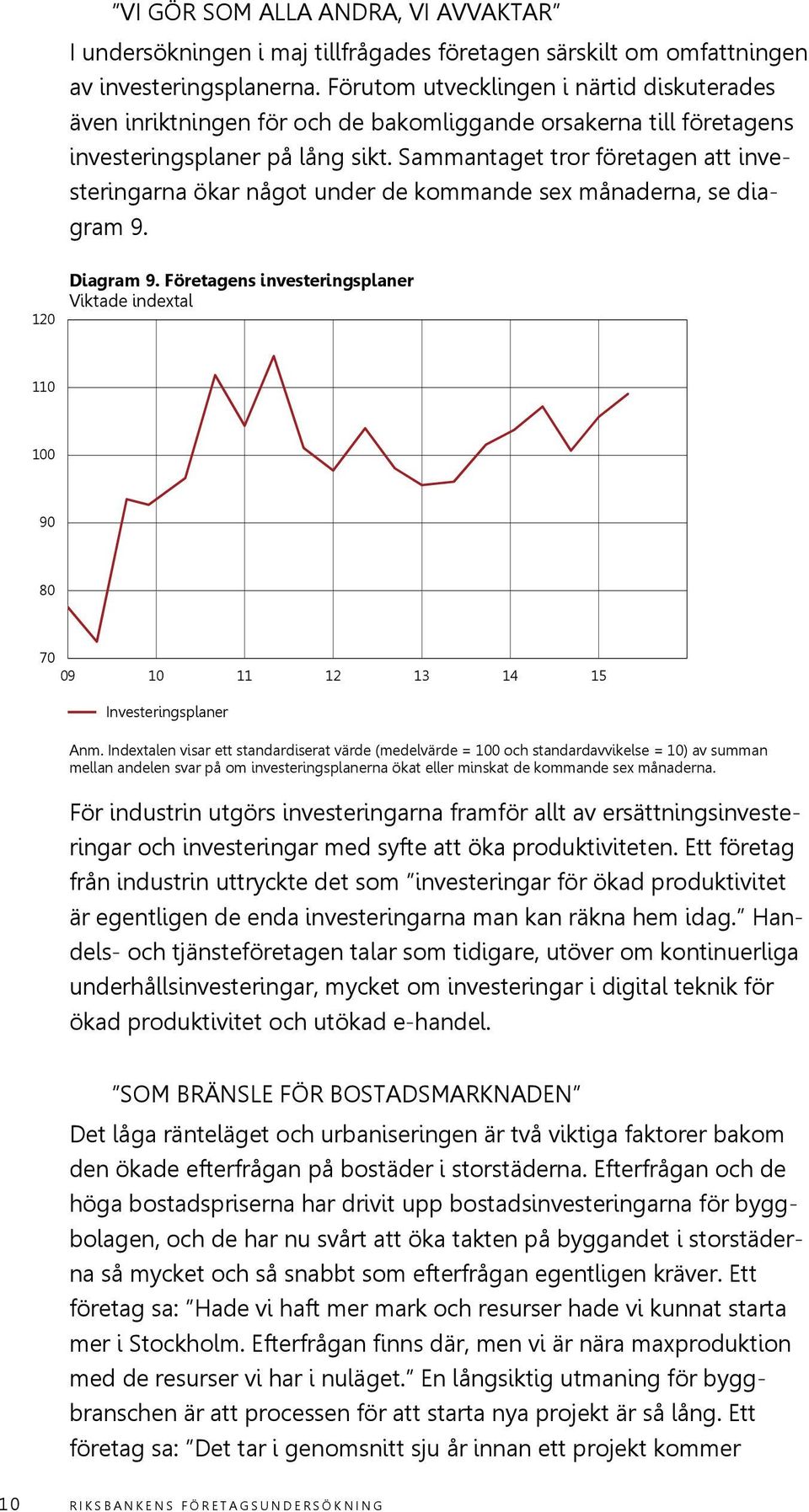 Sammantaget tror företagen att investeringarna ökar något under de kommande sex månaderna, se diagram 9. 120 Diagram 9.