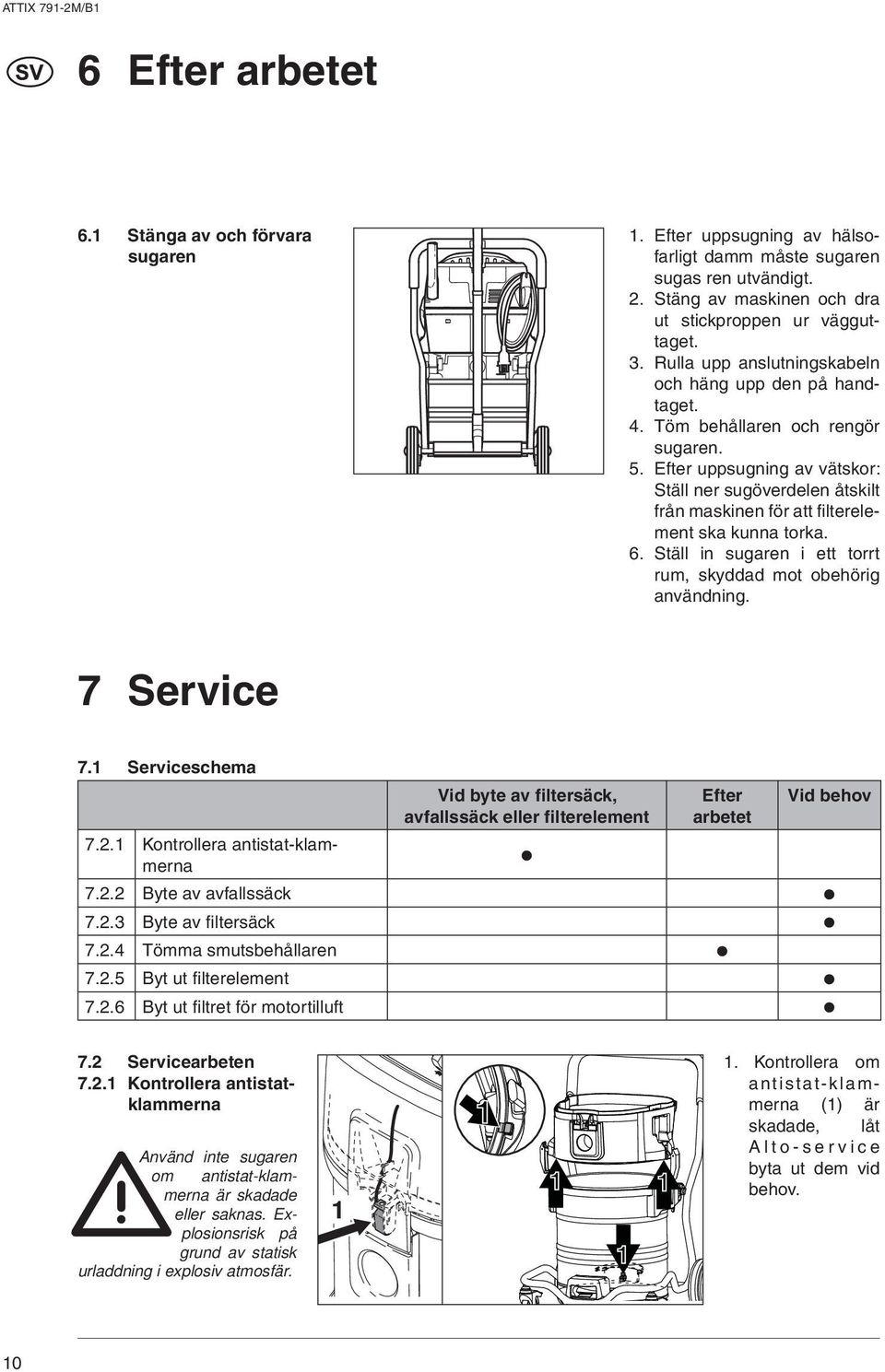 Efter uppsugning av vätskor: Ställ ner sugöverdelen åtskilt från maskinen för att filterelement ska kunna torka. 6. Ställ in sugaren i ett torrt rum, skyddad mot obehörig användning. 7 Service 7.