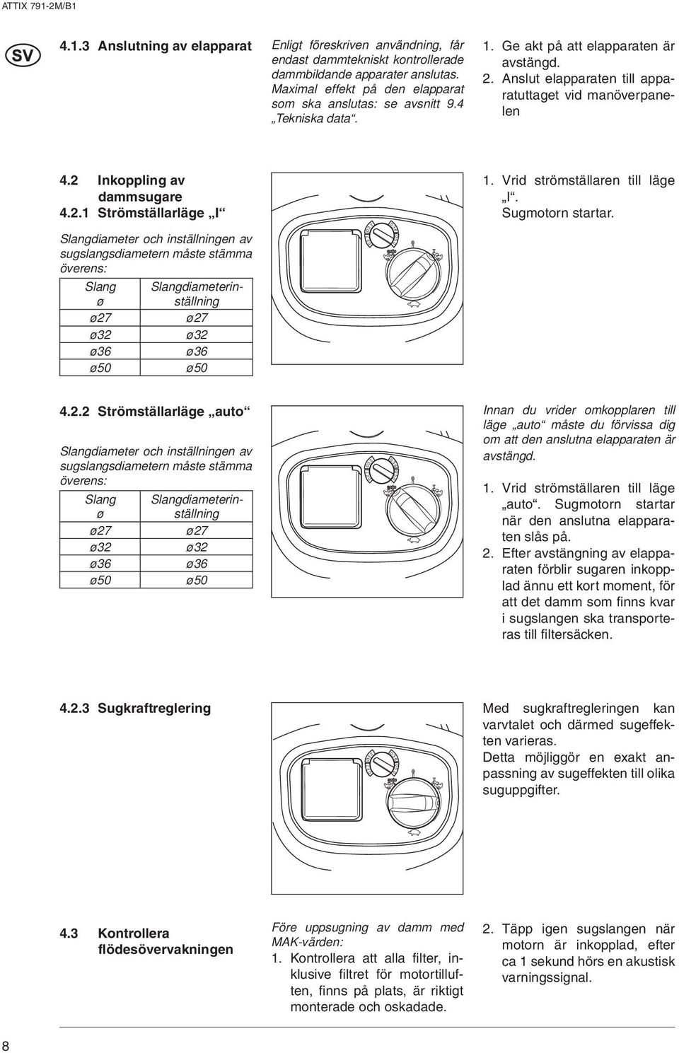 . Strömställarläge I Slangdiameter och inställningen av sugslangsdiametern måste stämma överens: Slang Slangdiameterinställning ø ø7 ø7 ø ø ø6 ø6 ø5 ø5. Vrid strömställaren till läge I.