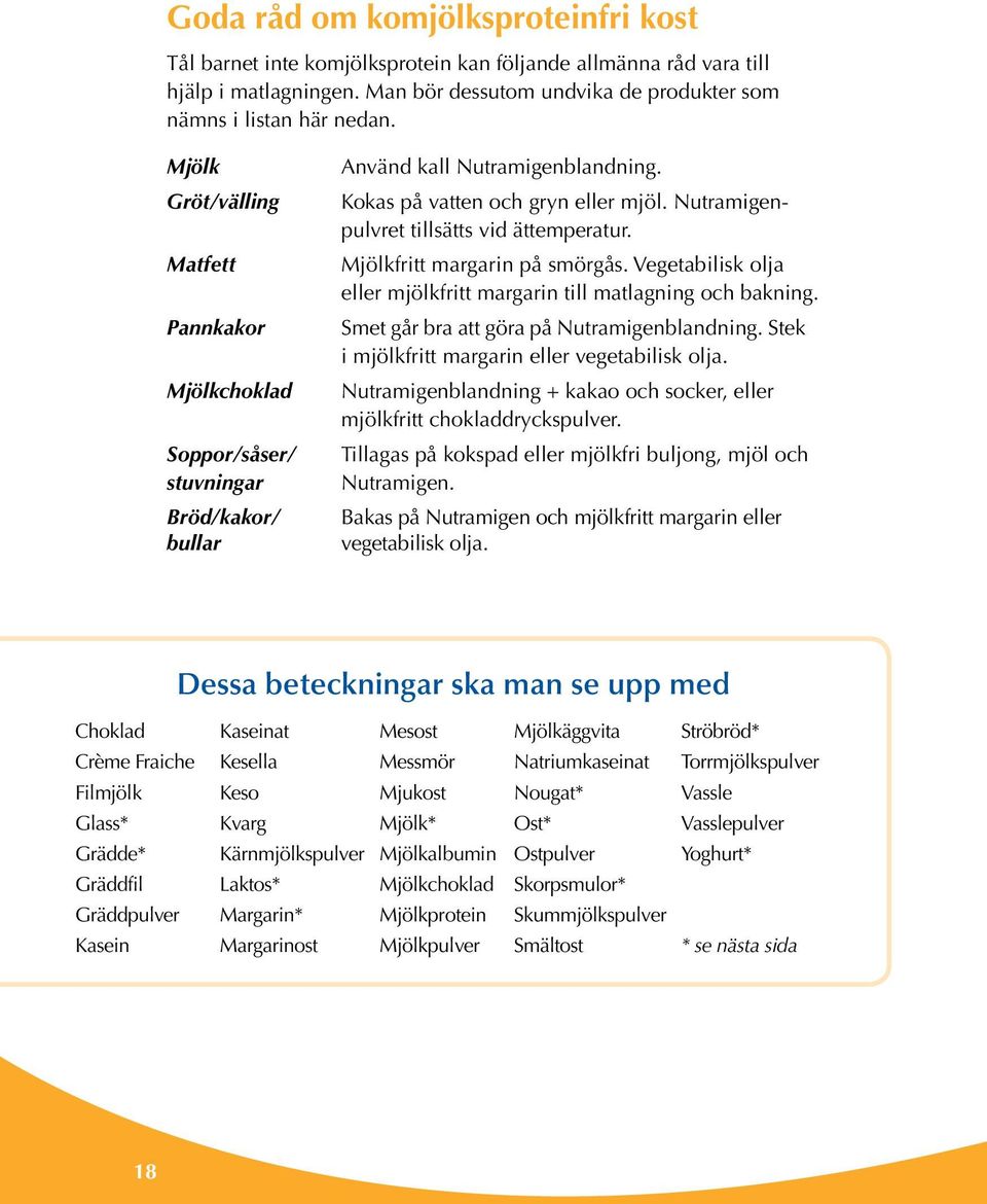 Nutramigenpulvret tillsätts vid ättemperatur. Mjölkfritt margarin på smörgås. Vegetabilisk olja eller mjölkfritt margarin till matlagning och bakning. Smet går bra att göra på Nutramigenblandning.