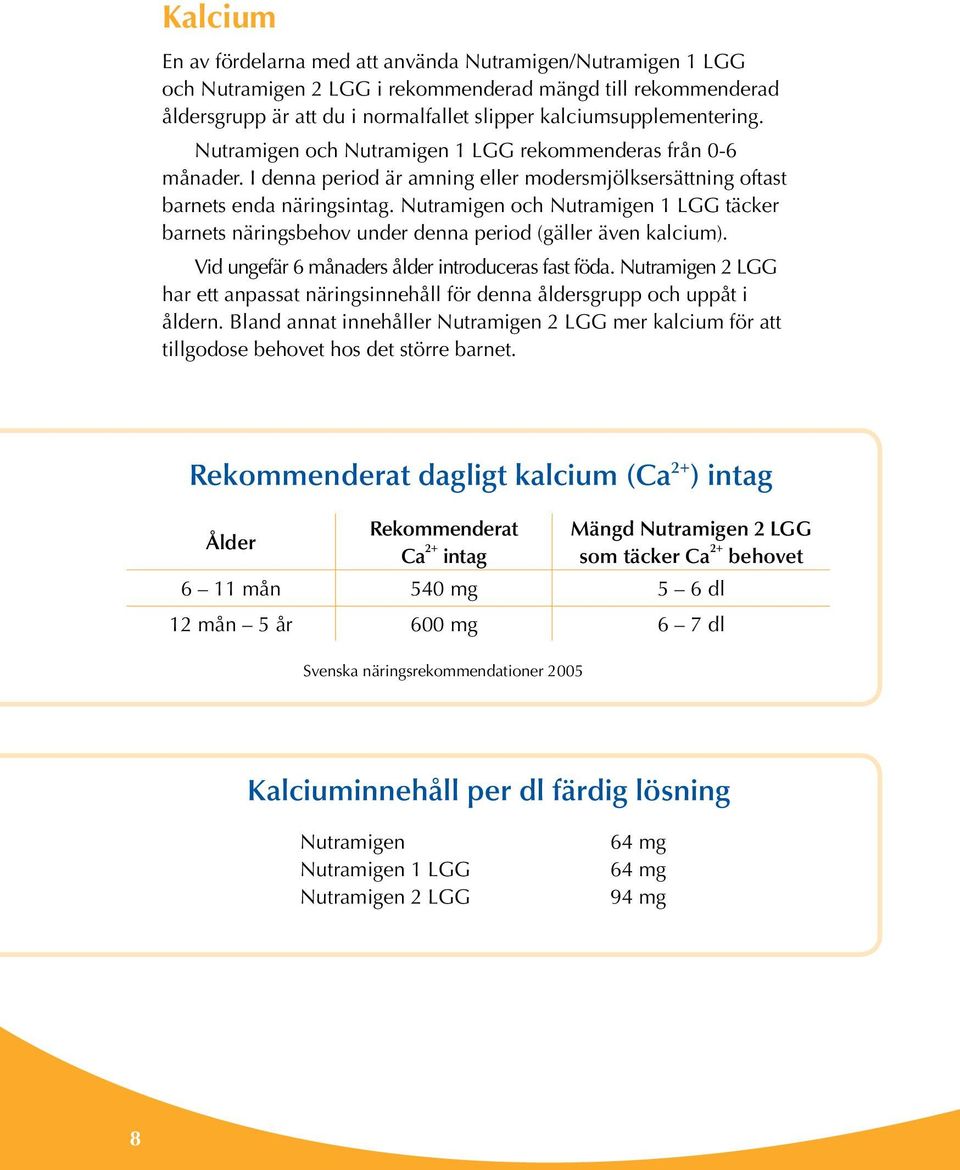 Nutramigen och Nutramigen 1 LGG täcker barnets näringsbehov under denna period (gäller även kalcium). Vid ungefär 6 månaders ålder introduceras fast föda.