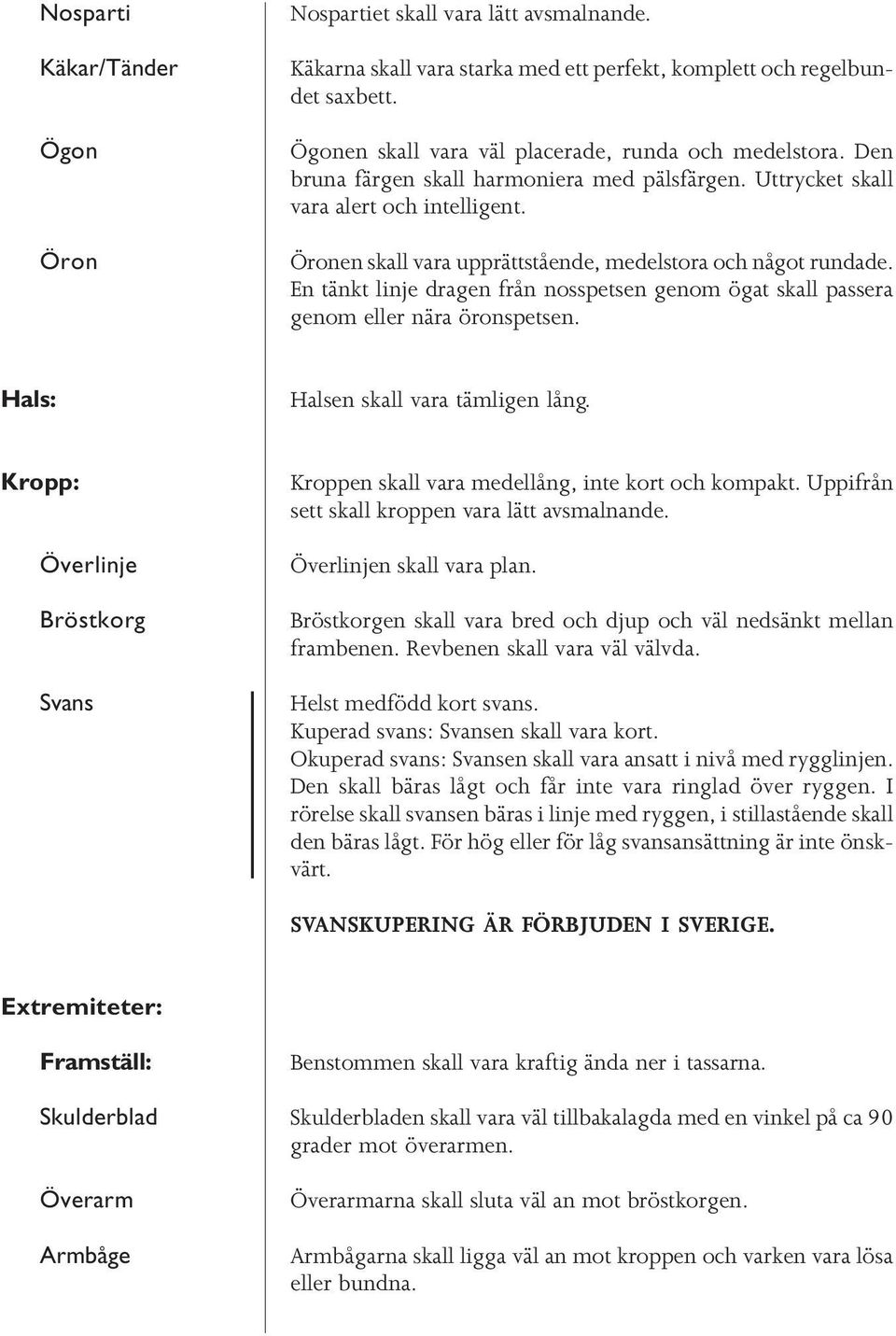 Öronen skall vara upprättstående, medelstora och något rundade. En tänkt linje dragen från nosspetsen genom ögat skall passera genom eller nära öronspetsen. Hals: Halsen skall vara tämligen lång.