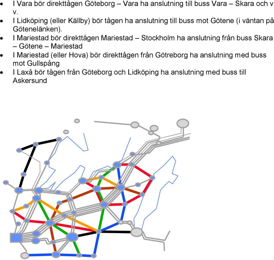 I Mariestad bör direkttågen Mariestad Stockholm ha anslutning från buss Skara Götene Mariestad I Mariestad