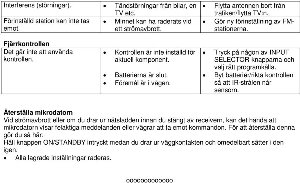 Tryck på någon av INPUT SELECTOR-knapparna och välj rätt programkälla. Byt batterier/rikta kontrollen så att IR-strålen når sensorn.