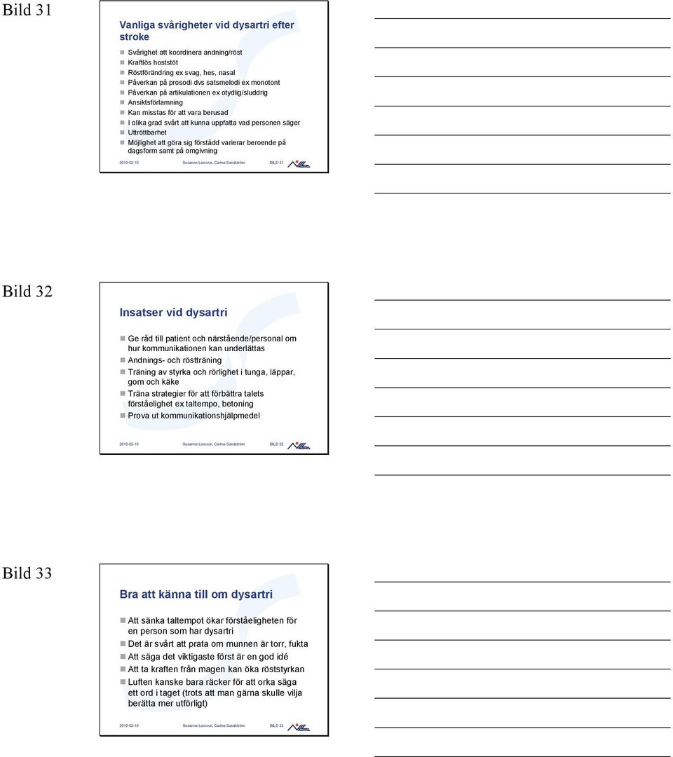 förstådd varierar beroende på dagsform samt på omgivning 2010-02-10 Susanne Larsson, Carina Sandström BILD 31 Bild 32 Insatser vid dysartri Ge råd till patient och närstående/personal om hur