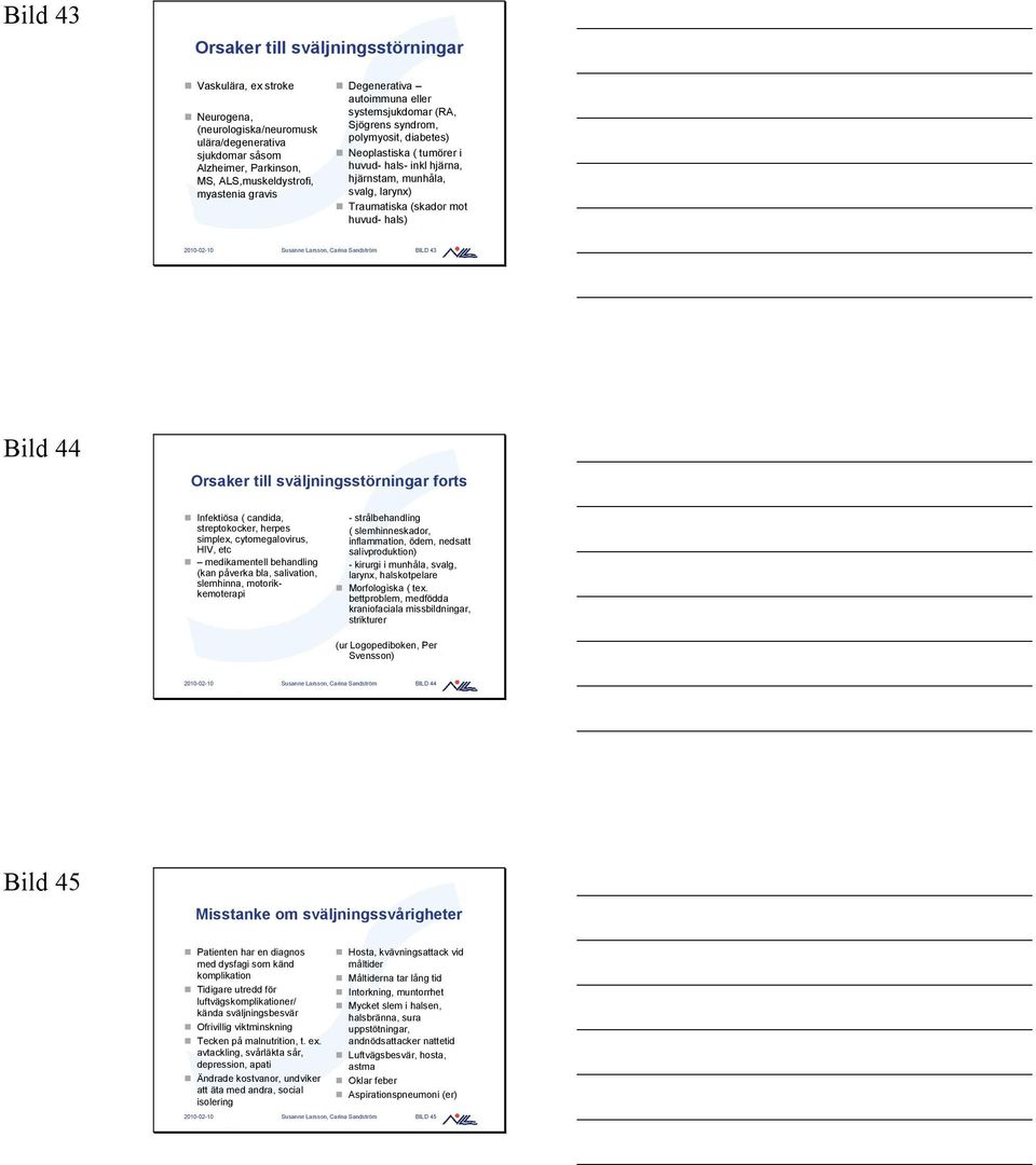 mot huvud- hals) 2010-02-10 Susanne Larsson, Carina Sandström BILD 43 Bild 44 Orsaker till sväljningsstörningar forts Infektiösa ( candida, streptokocker, herpes simplex, cytomegalovirus, HIV, etc