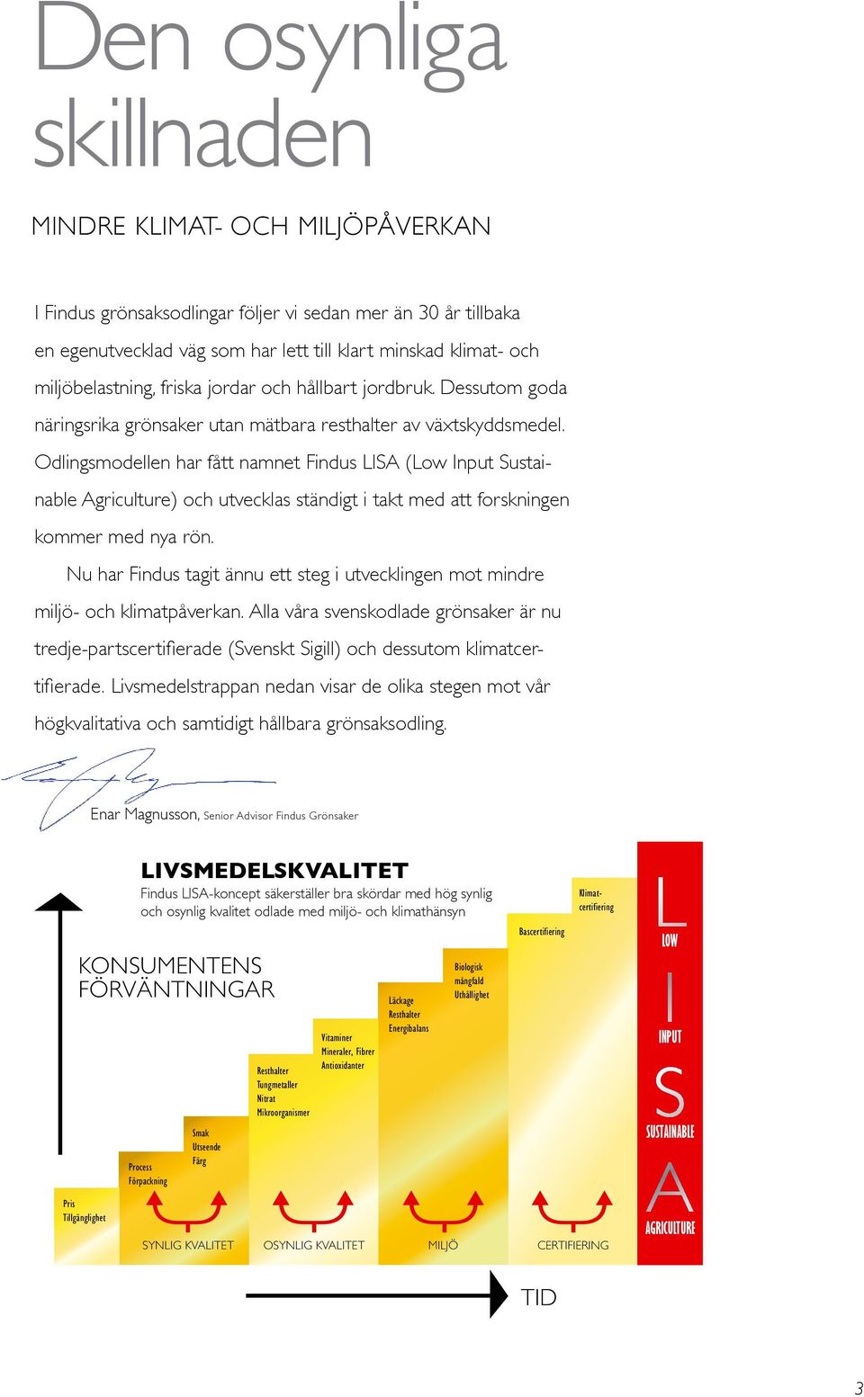 Odlingsmodellen har fått namnet Findus LISA (Low Input Sustainable Agriculture) och utvecklas ständigt i takt med att forskningen kommer med nya rön.