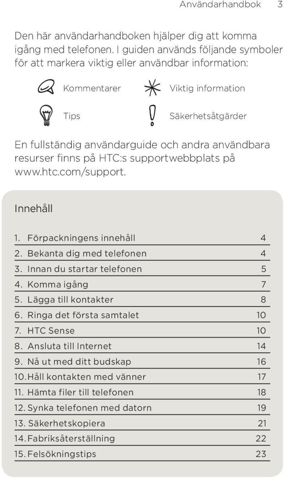 resurser finns på HTC:s supportwebbplats på www.htc.com/support. Innehåll 1. Förpackningens innehåll 4 2. Bekanta dig med telefonen 4 3. Innan du startar telefonen 5 4. Komma igång 7 5.