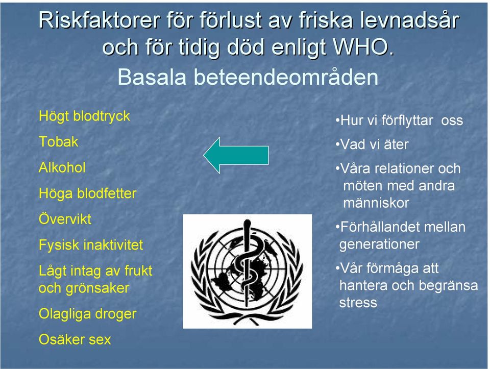 Lågt intag av frukt och grönsaker Olagliga droger Osäker sex Hur vi förflyttar oss Vad vi äter