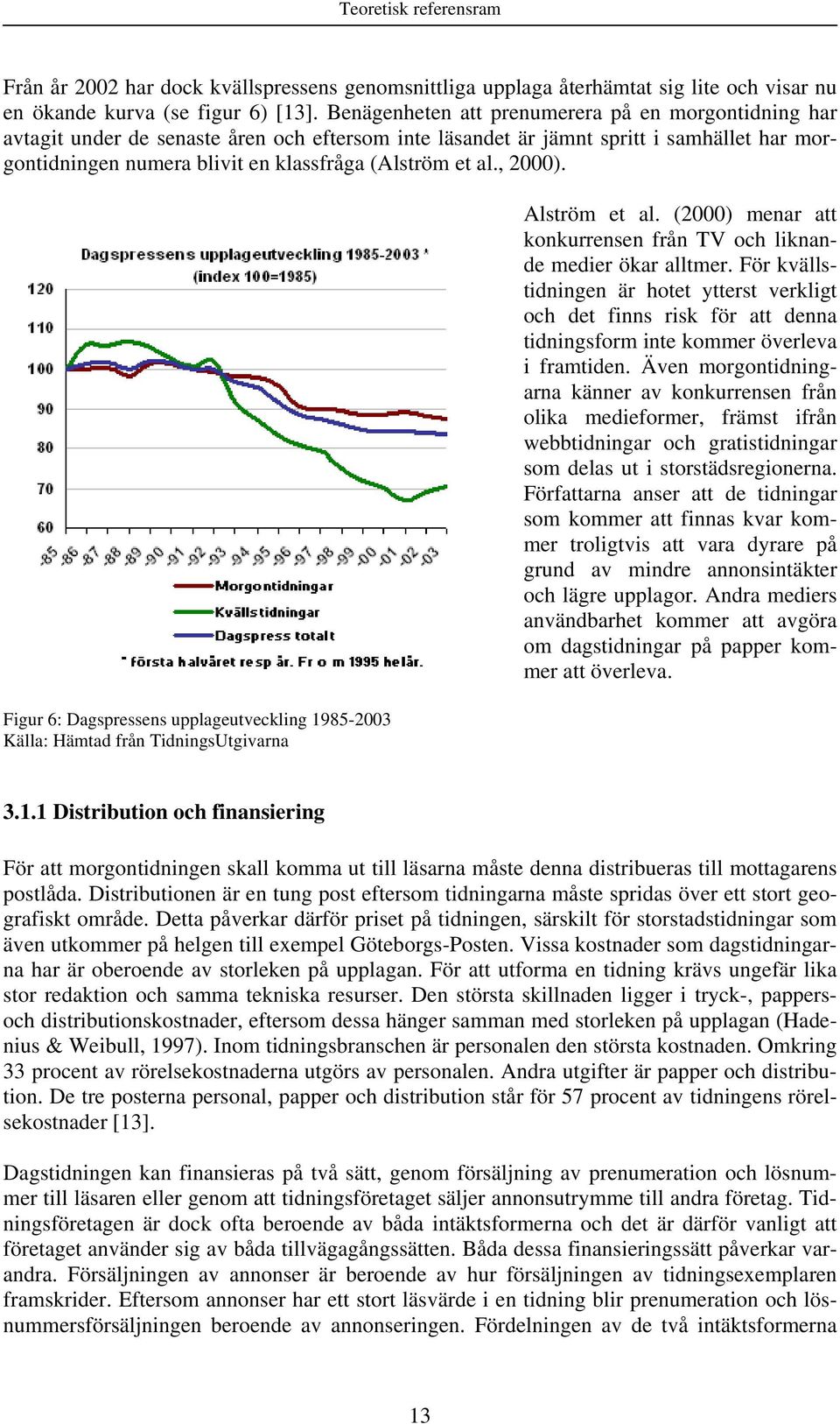 al., 2000). Figur 6: Dagspressens upplageutveckling 1985-2003 Källa: Hämtad från TidningsUtgivarna Alström et al. (2000) menar att konkurrensen från TV och liknande medier ökar alltmer.