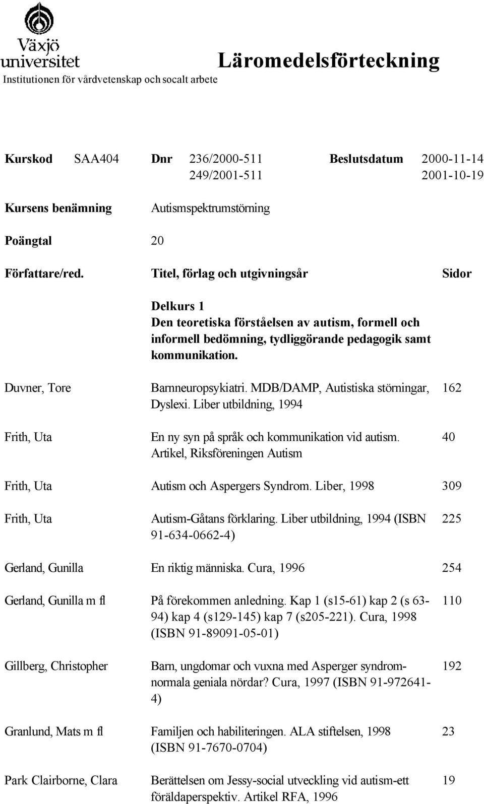 Duvner, Tore Barnneuropsykiatri. MDB/DAMP, Autistiska störningar, Dyslexi. Liber utbildning, 1994 En ny syn på språk och kommunikation vid autism.