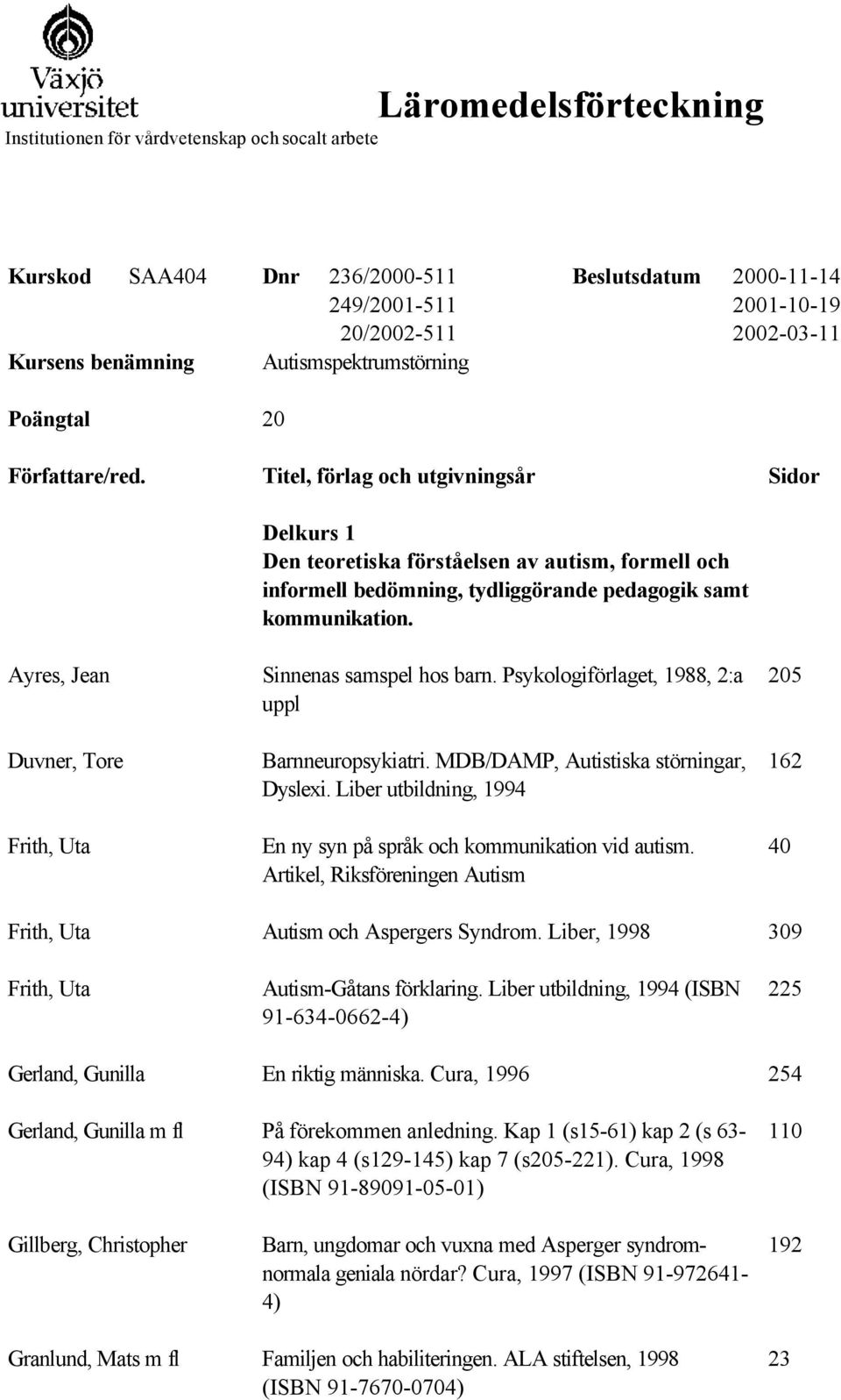 Titel, förlag och utgivningsår Sidor Delkurs 1 Den teoretiska förståelsen av autism, formell och informell bedömning, tydliggörande pedagogik samt kommunikation. Ayres, Jean Sinnenas samspel hos barn.