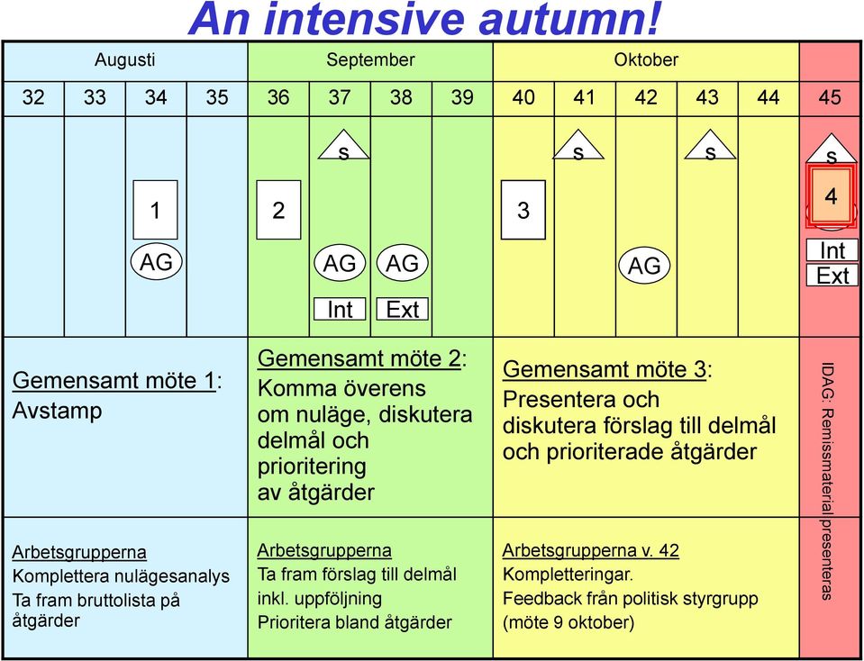 Arbetsgrupperna Komplettera nulägesanalys Ta fram bruttolista på åtgärder Gemensamt möte 2: Komma överens om nuläge, diskutera delmål och prioritering av