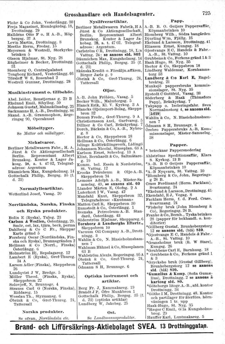 Telegraf- Meeths Herm, F'redsz, 15 adress: Argentum. Meyerson & Westrell, Storkyrko- Carlström C R, Drottningg. 18, L:a brinken 5 Vattug. 24; se annon Id. 803 Olsson Hjalmar, St. Nyg.