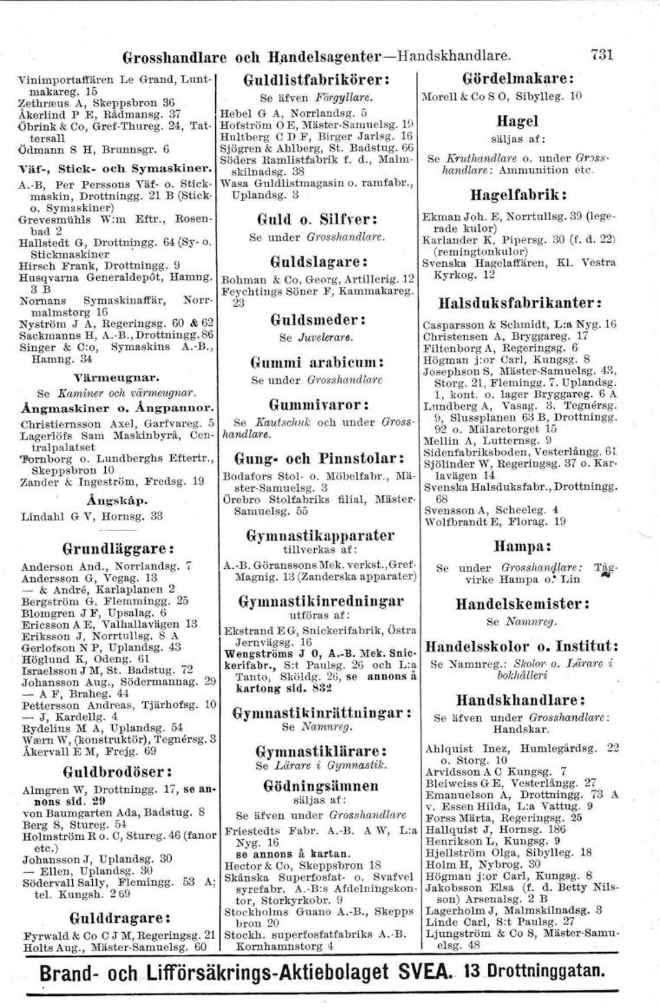 64 (Sy- o. Stickmaskiner. Hit-sch Frank, Drottningg. 9 Husqvarna Generaldep6t, Halling. 3B Nornans Symaskinaffär J N01'1'- malmstorg 16. Nyström J A, Regeringsg. 60 & 62 Sackmanns H, A.-B.,Drottningg.