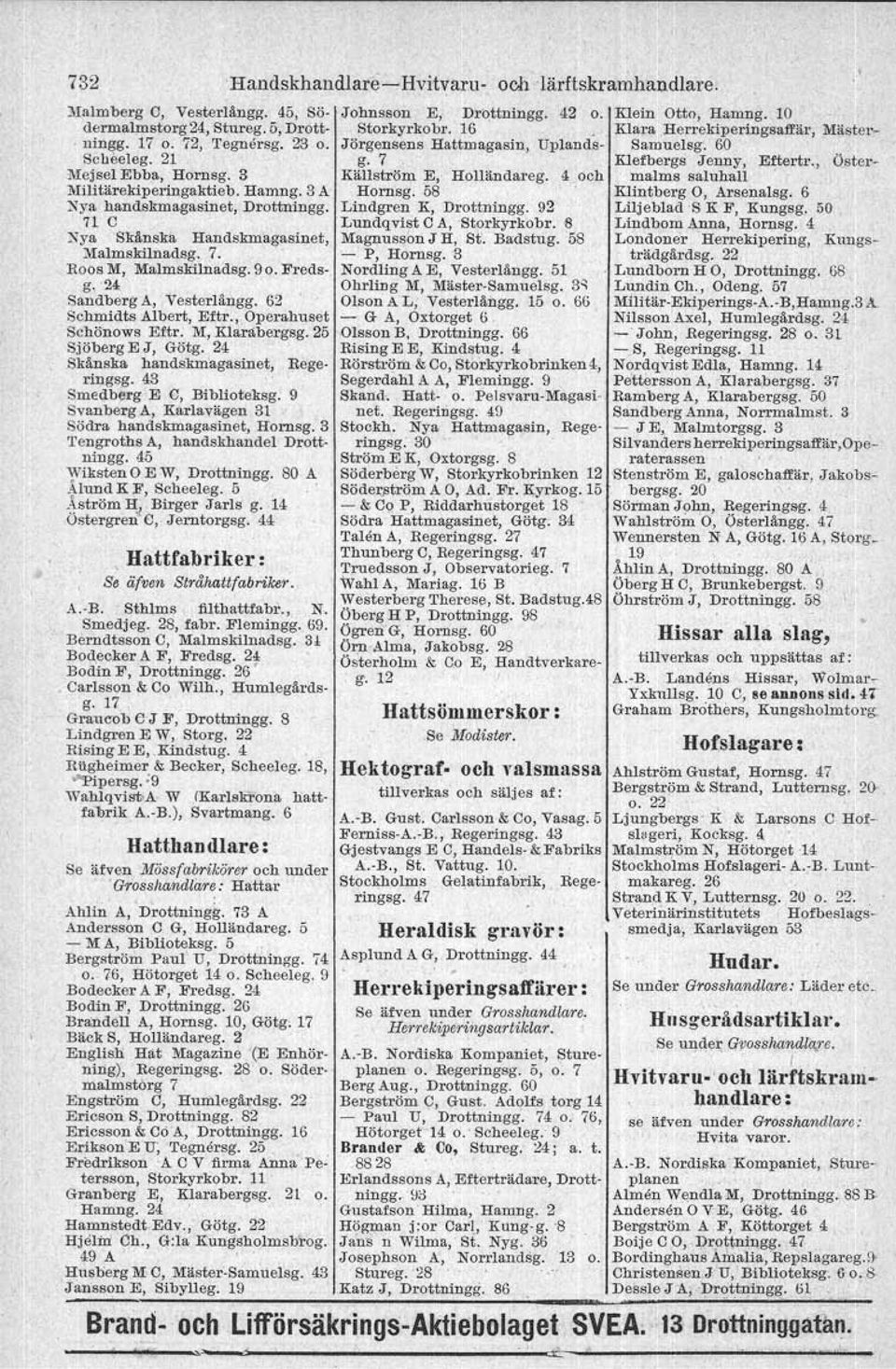 62 Schmidts Albert, Eftr., Operahuset Schönows Eftr, M, Klarabergag. 25 Sjöberg E J, Götg. 24 Skånska handskmagasinet, Begeringsg. 43 Smedberg E C, Biblioteksg.